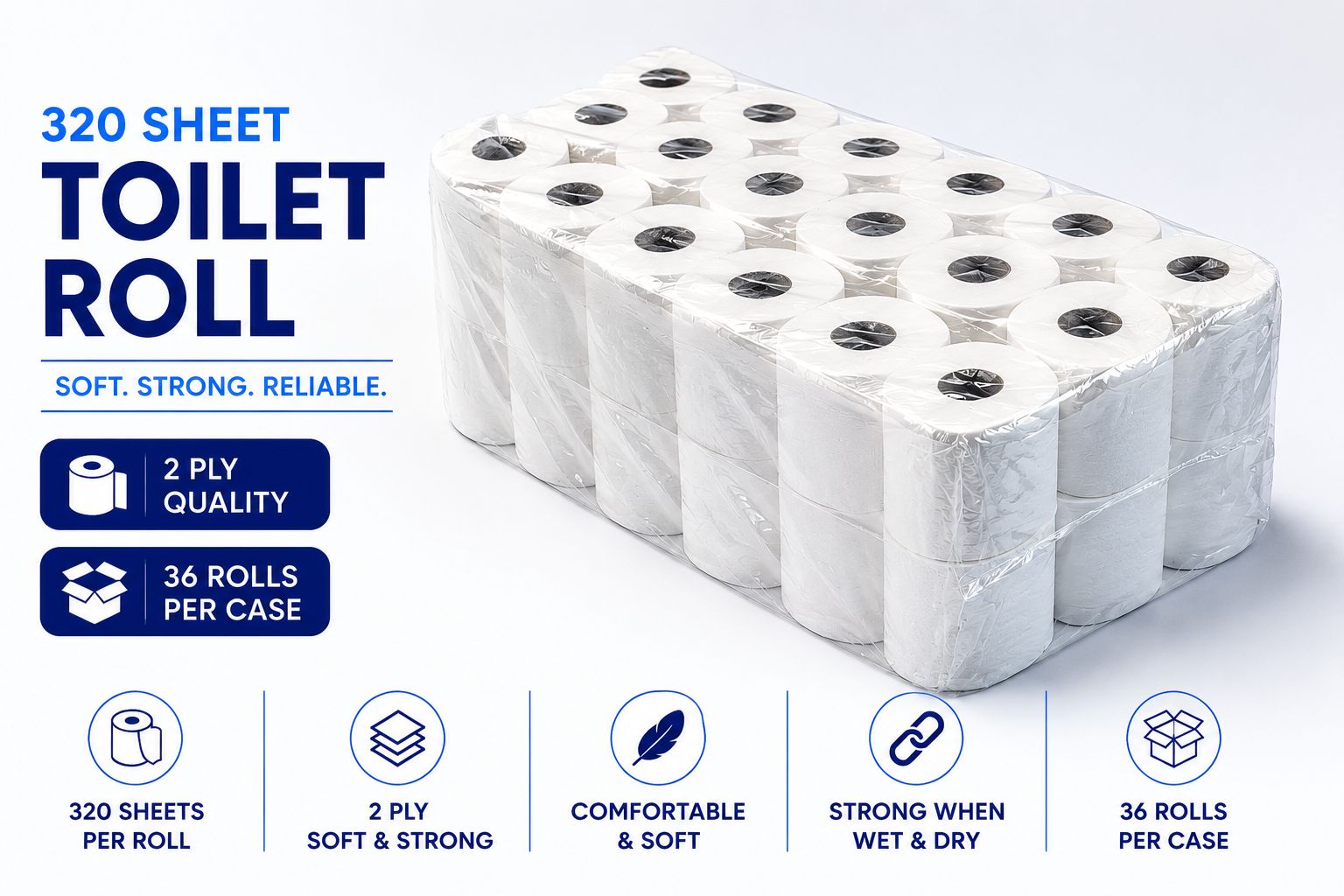 320 Sheet Toilet Roll / 2 Ply quality / 36 Rolls per case