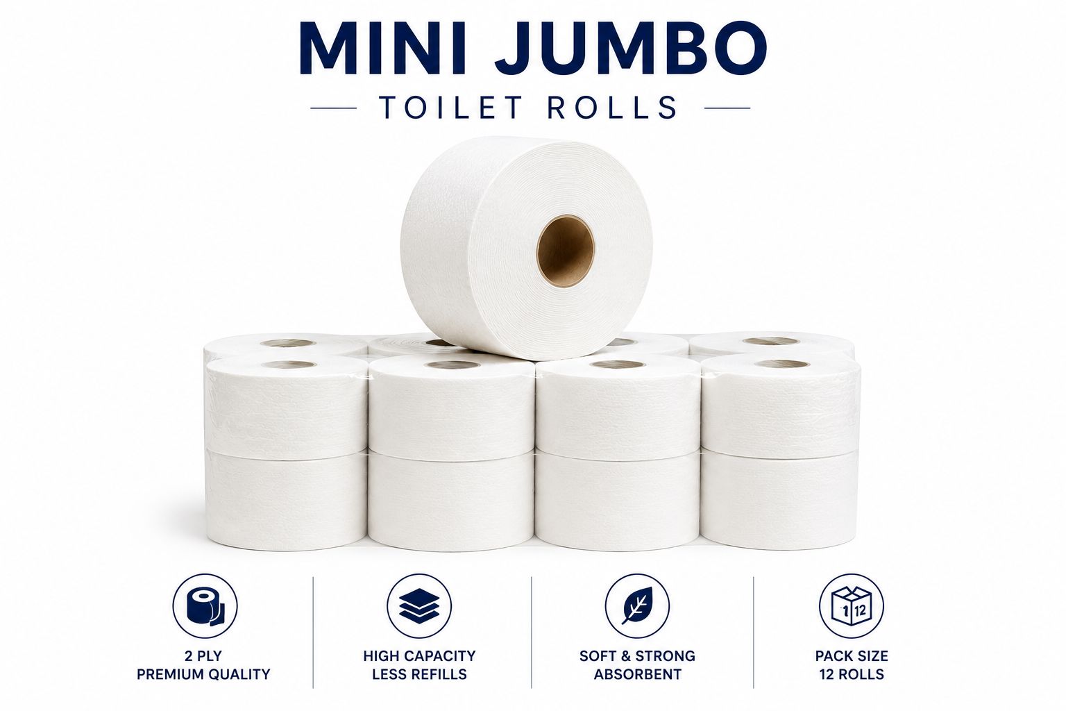 Mini Jumbo Toilet Roll / 2 Ply quality / 12 Rolls per Case
